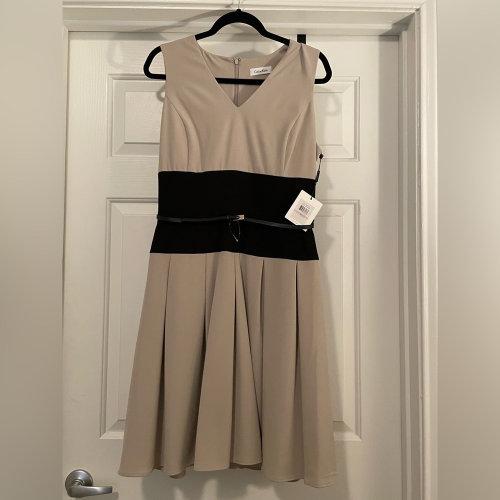 NWT khaki and black Calvin Klein sheath dress size 10